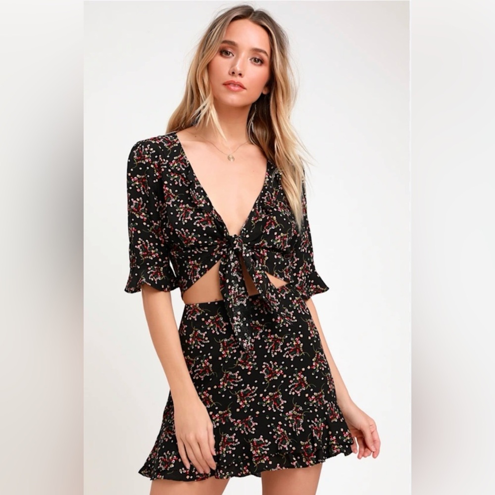 Lulu's Carnation Crush Black Print Floral 2 piece dress
